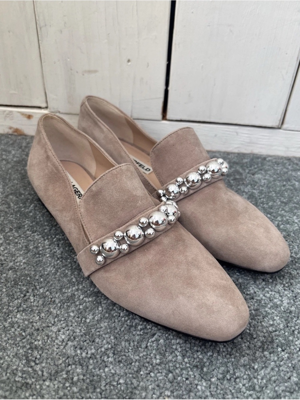 Karl Lagerfeld Paris Suede Loafer Flats Slip On Shoes Taupe Rhinestone 6 M